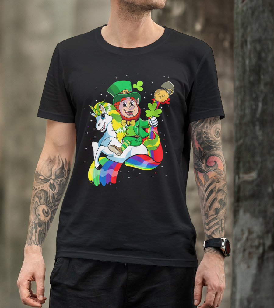 St Patricks Day Leprechaun Riding Unicorn With Rainbow Lucky Charms T-Shirt
