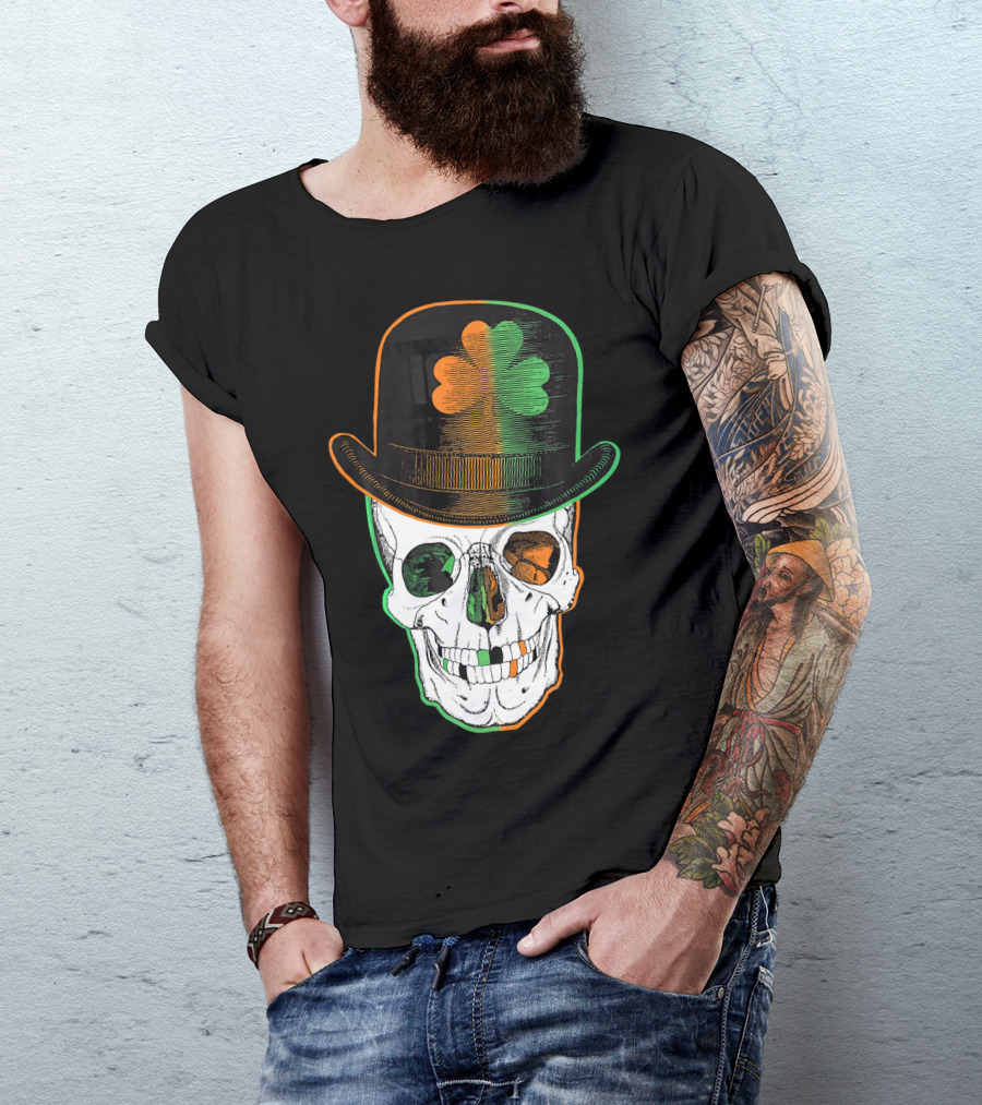 St Paddys Day Irish Leprechaun Skull Shamrock Hat T-Shirt