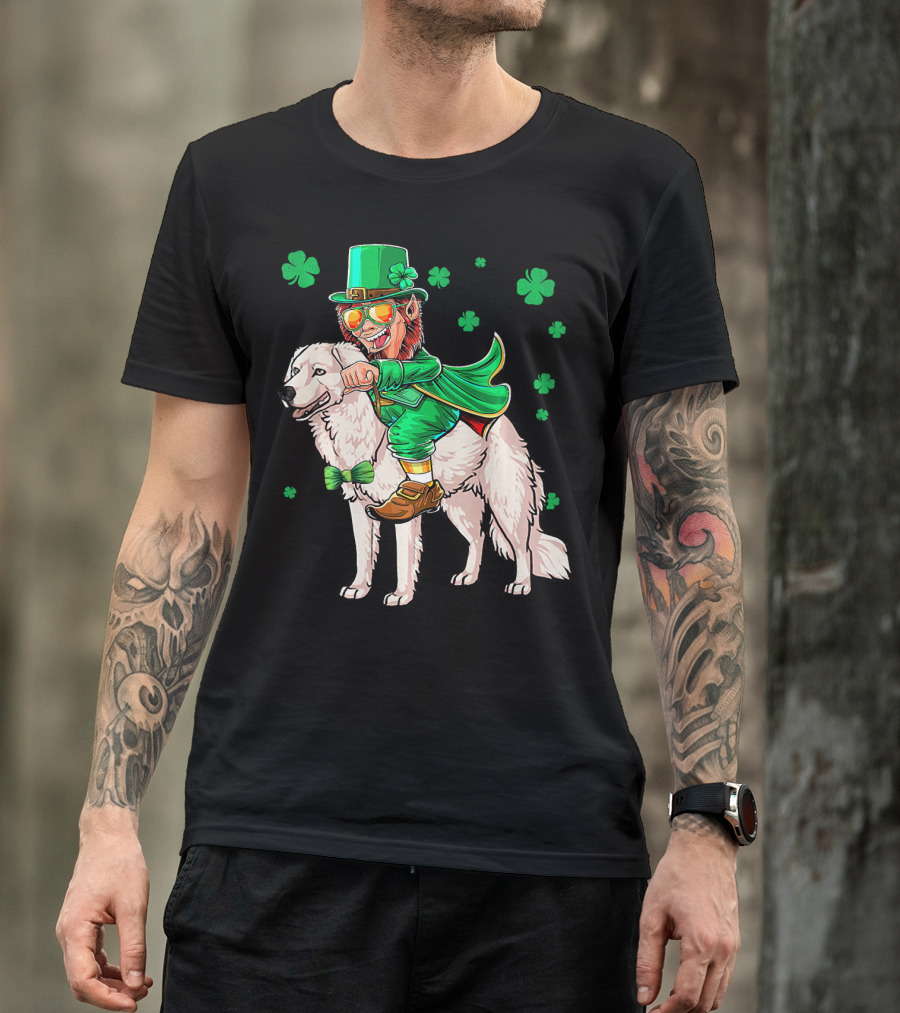 Leprechaun Riding Kuvasz Surrounded By Shamrocks For St. Patrick's Day T-Shirt