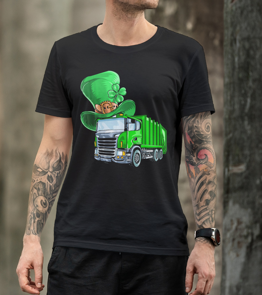 St Patricks Day Garbage Truck With Leprechaun Hat And Four-Leaf Clover T-Shirt