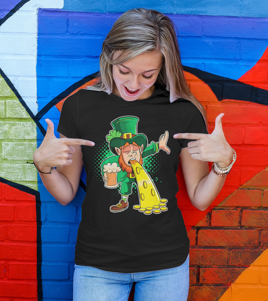 Drunk Leprechaun Puking Gold Coins And Beer Mug T-Shirt