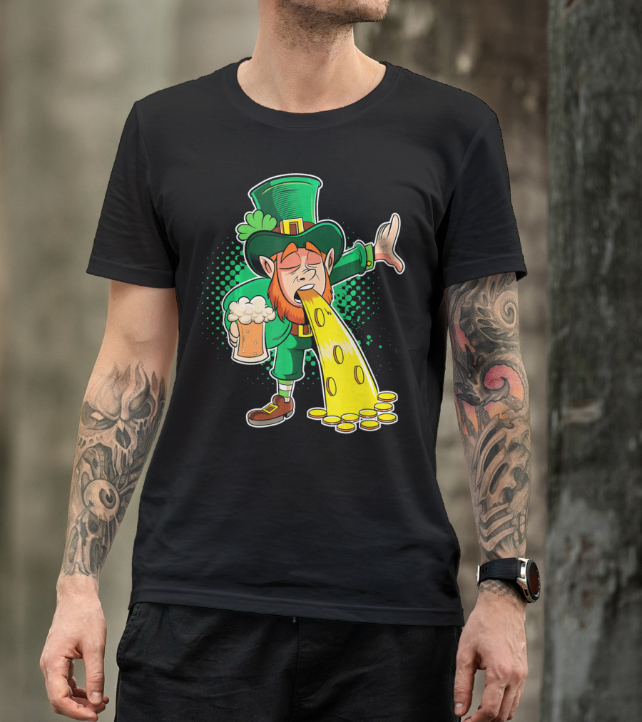 Drunk Leprechaun Puking Gold Coins And Beer Mug T-Shirt
