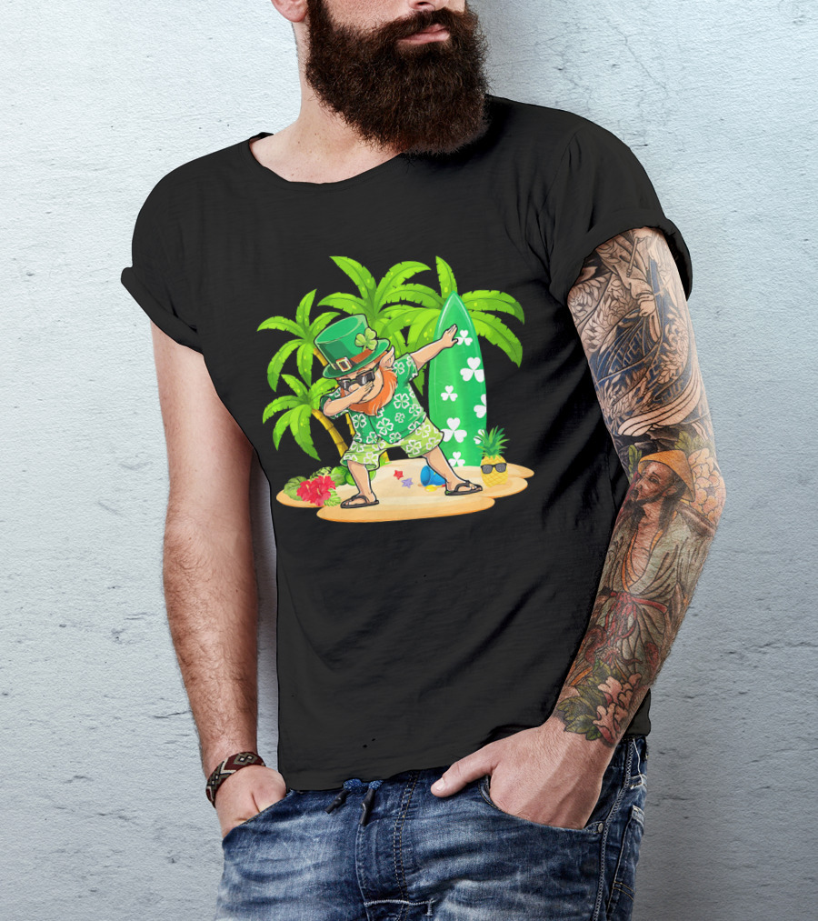 Leprechaun Dabbing On Tropical Beach With Surfboard And Hibiscus Flowers T-Shirt