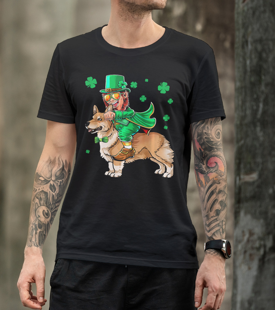 Leprechaun Riding Pembroke Welsh Corgi With Shamrocks T-Shirt