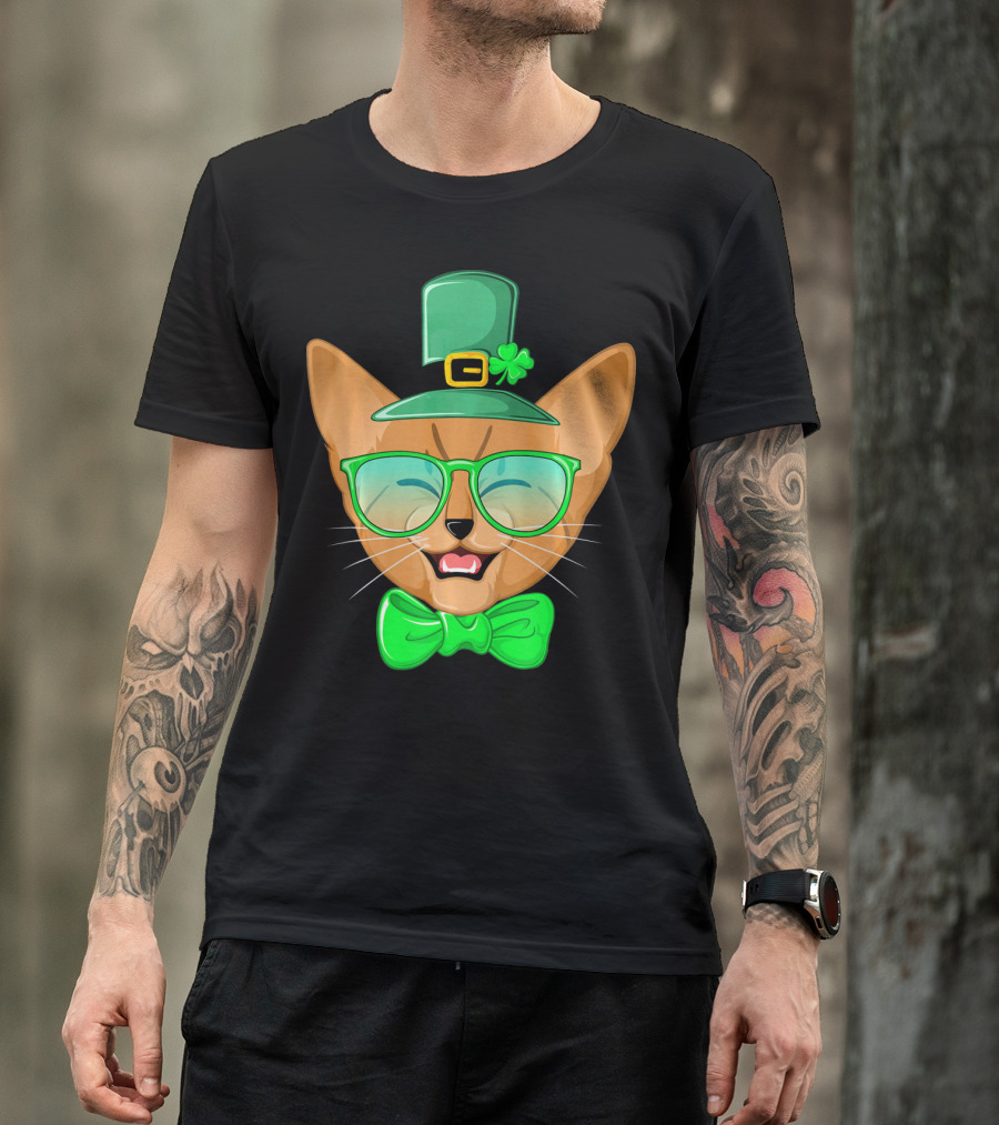 St. Patricks Day Cat Kitty Leprec Leprechaun Hat Green Glasses Bowtie Shamrock T-Shirt