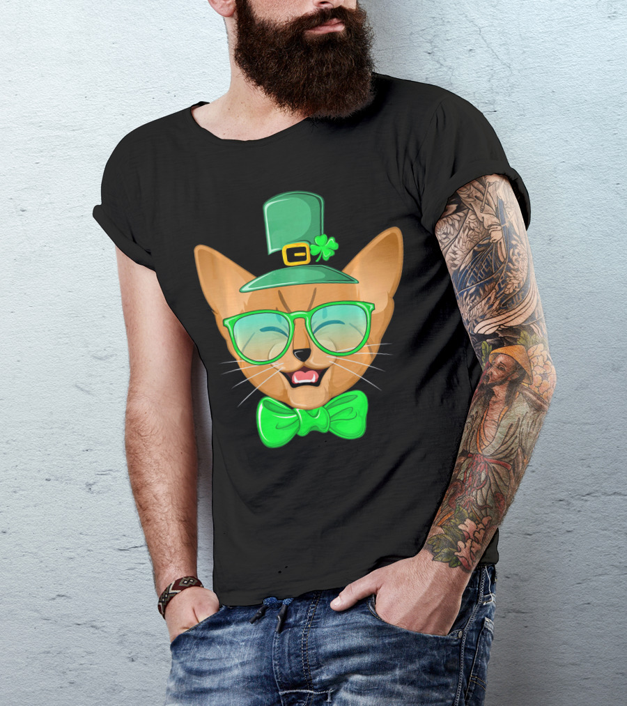 St. Patricks Day Cat Kitty Leprec Leprechaun Hat Green Glasses Bowtie Shamrock T-Shirt