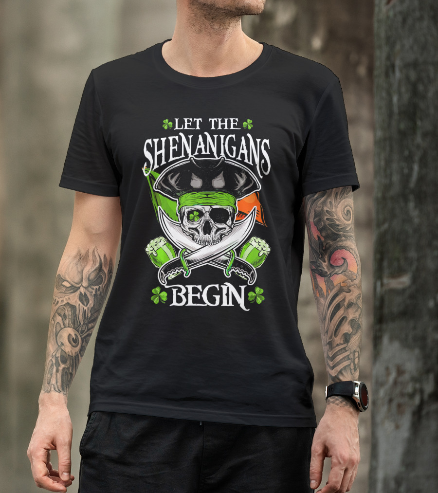 LET THE SHENANIGANS BEGIN SKULL PIRATE IRISH FLAG SHAMROCK T-Shirt