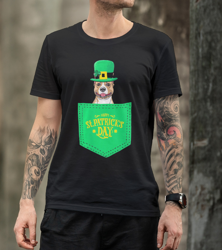 Happy St. Patrick's Day Pitbull Dog In Pocket T-Shirt