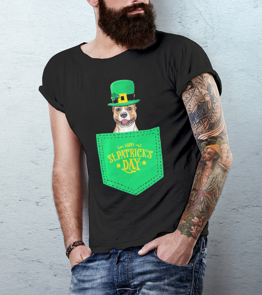 Happy St. Patrick's Day Pitbull Dog In Pocket T-Shirt