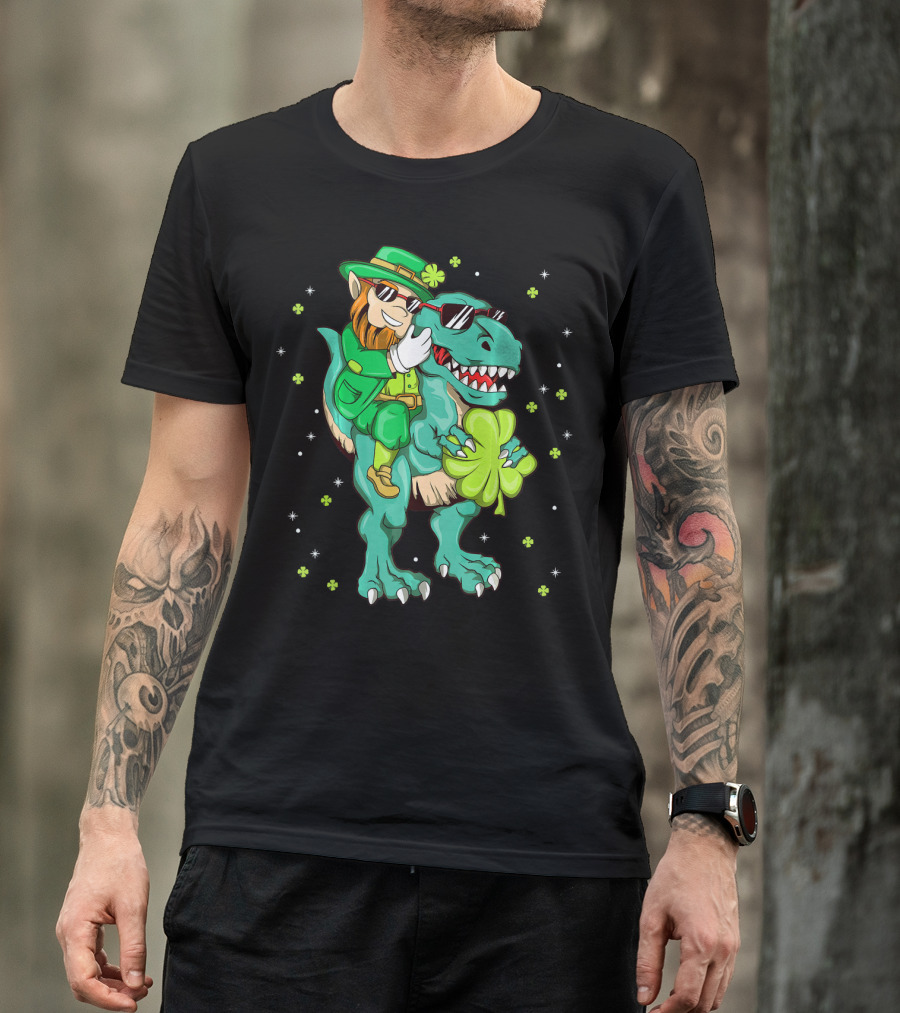 Irish Leprechaun Riding Dinosaur With Clover And Sunglasses T-Shirt