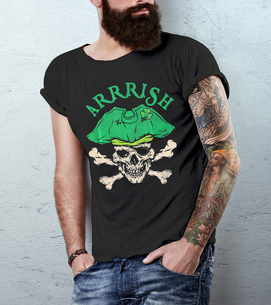 ARRRISH Irish Pirate Skull With Shamrock And Crossbones Hat T-Shirt