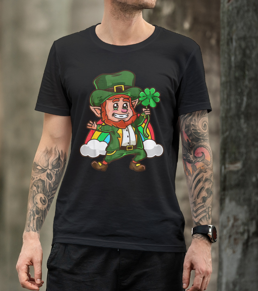 St Patricks Happy Leprechaun Holding Shamrock With Rainbow And Clouds T-Shirt
