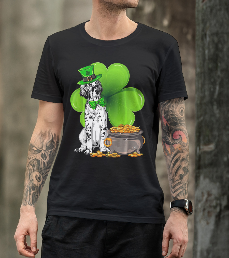 English Setter St Patricks Day Leprechaun Dog With Clover And Pot Of Gold T-Shirt