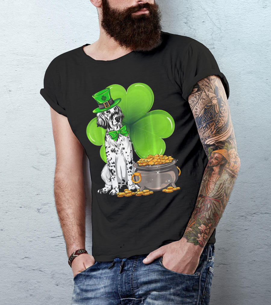 English Setter St Patricks Day Leprechaun Dog With Clover And Pot Of Gold T-Shirt