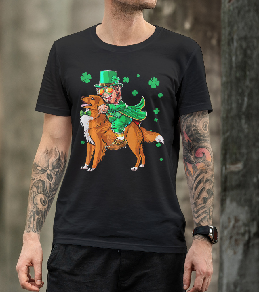 Leprechaun Riding Nova Scotia Duck Tolling Retriever With Shamrocks T-Shirt
