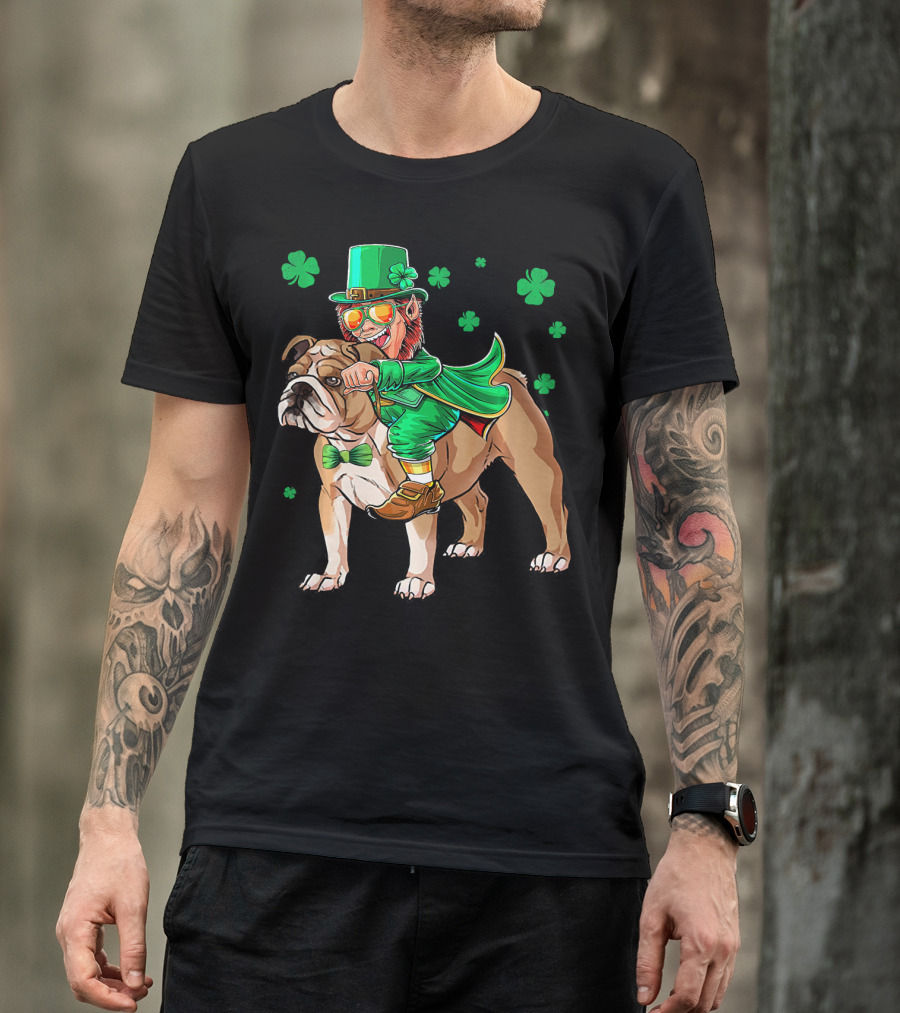 Leprechaun Riding English Bulldog With Shamrocks T-Shirt