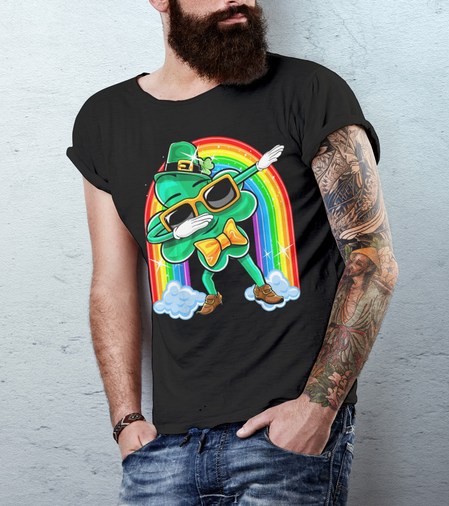 Dabbing St. Patricks Day Shamrock Leprechaun With Rainbow T-Shirt
