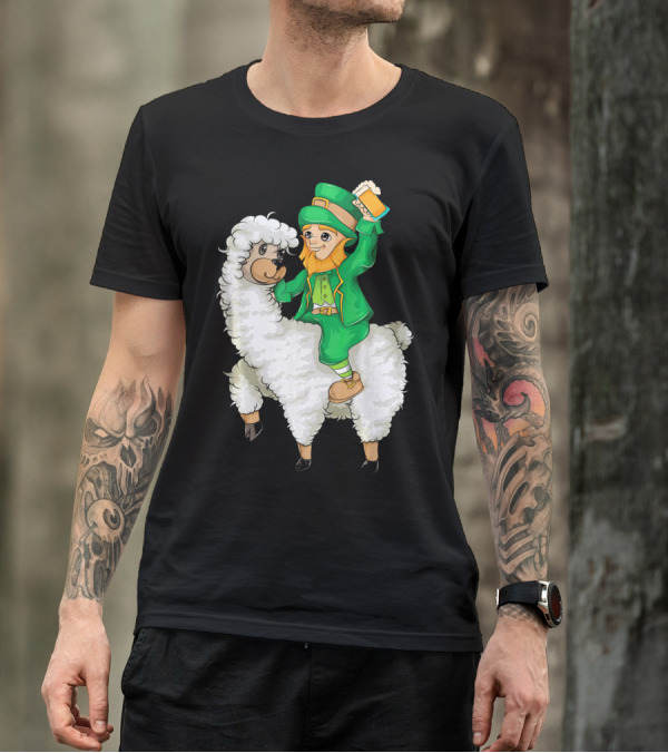Leprechaun In Green Suit Riding White Fluffy Llama With Beer On St. Patrick's Day T-Shirt