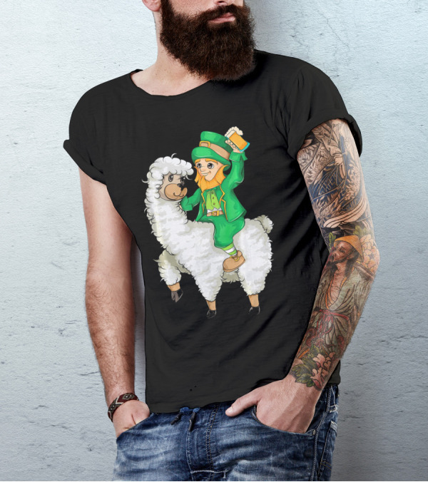 Leprechaun In Green Suit Riding White Fluffy Llama With Beer On St. Patrick's Day T-Shirt