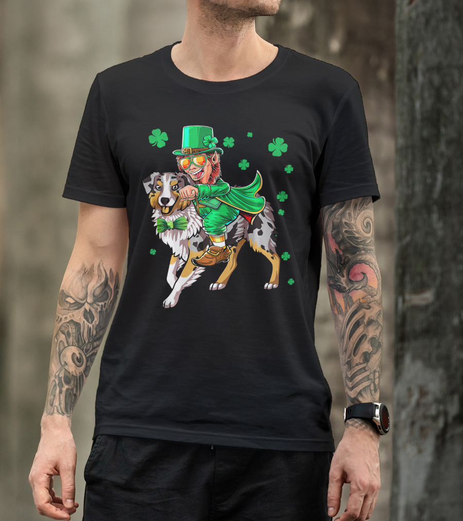 Leprechaun Riding Australian Shepherd With Shamrock Bow Tie And Clover Background T-Shirt
