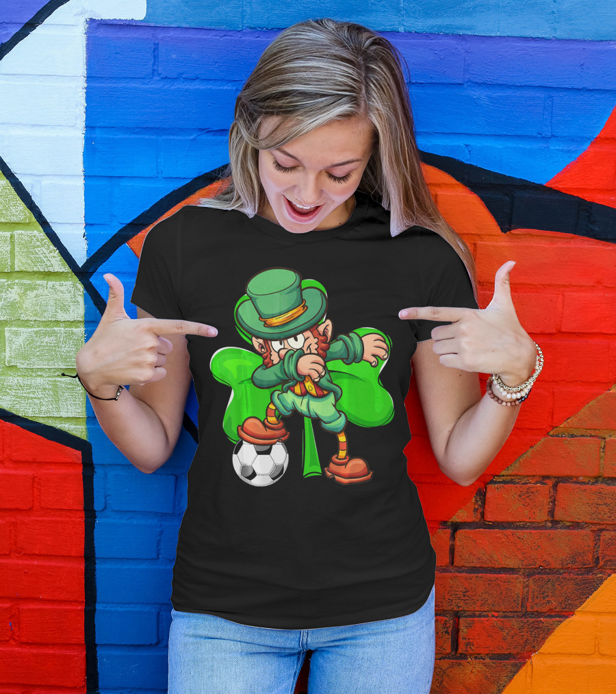 Dabbing Leprechaun Kicking Soccer Ball With Shamrock Background T-Shirt