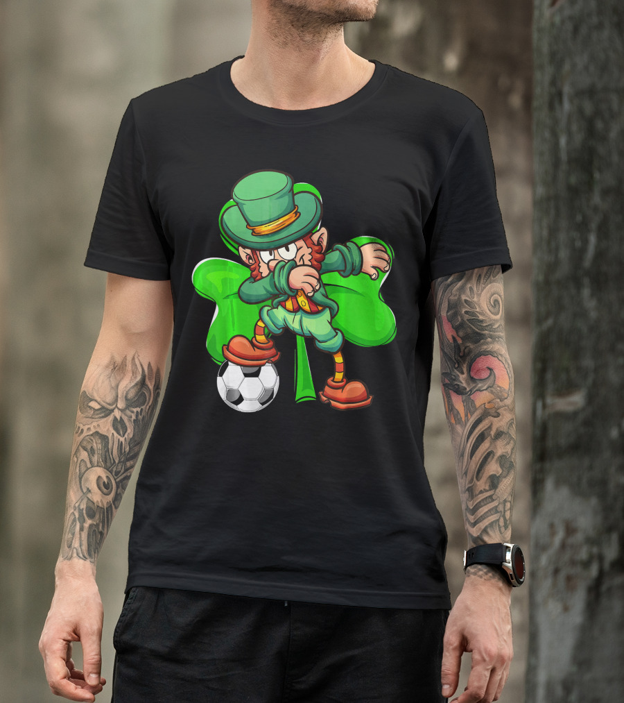 Dabbing Leprechaun Kicking Soccer Ball With Shamrock Background T-Shirt
