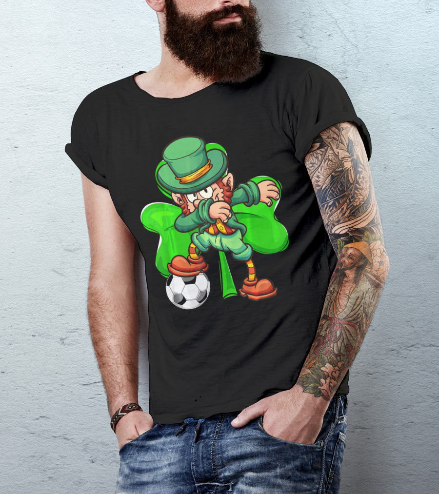 Dabbing Leprechaun Kicking Soccer Ball With Shamrock Background T-Shirt
