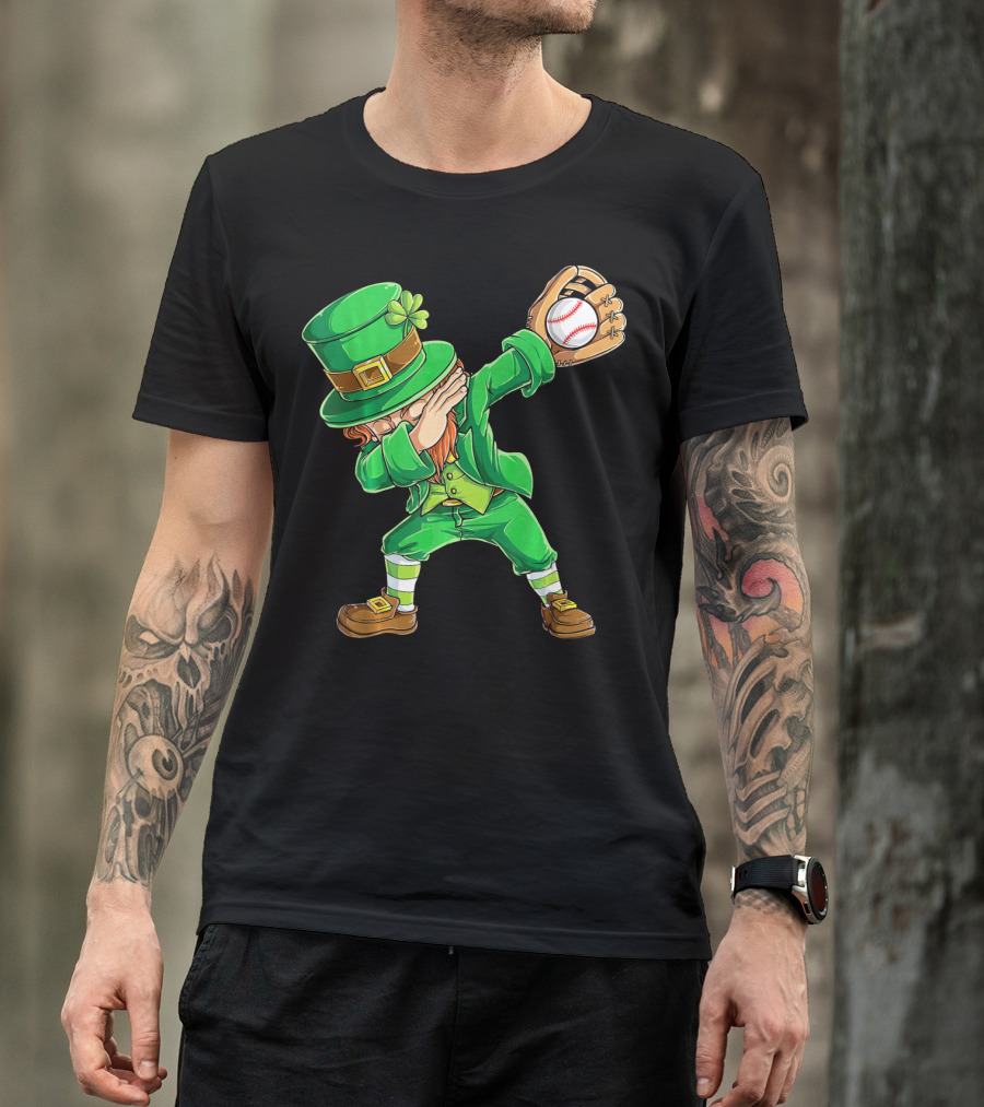 Dabbing Leprechaun Baseball Glove Pitcher Fantasy T-Shirt
