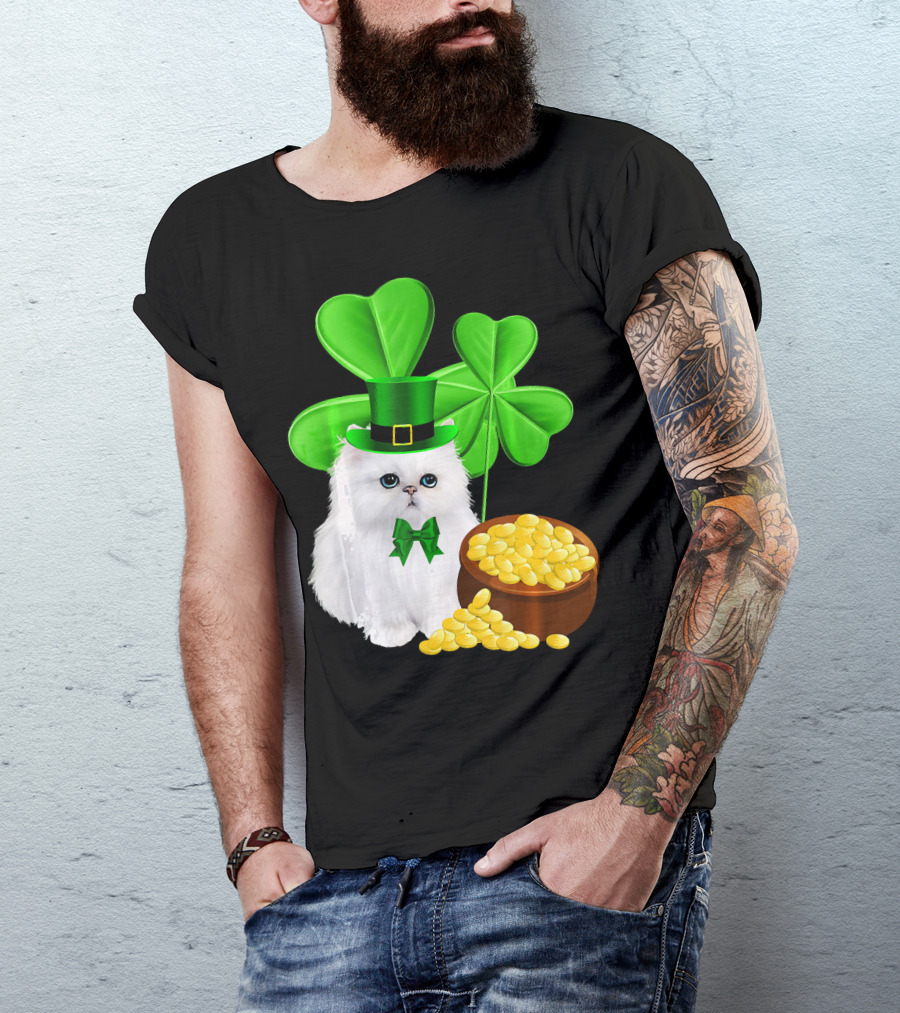 Persian Cat With Leprechaun Hat And Shamrocks St Patricks Day T-Shirt