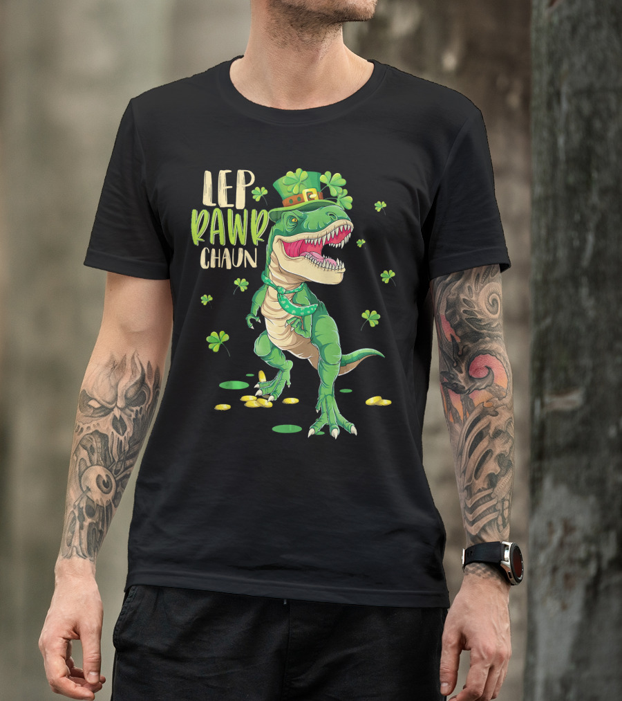 Leprawrchaun St. Patrick's Day Dinosaur With Shamrocks And Gold Coins T-Shirt