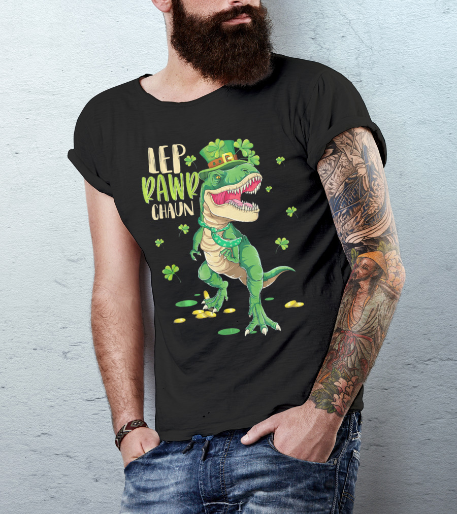 Leprawrchaun St. Patrick's Day Dinosaur With Shamrocks And Gold Coins T-Shirt