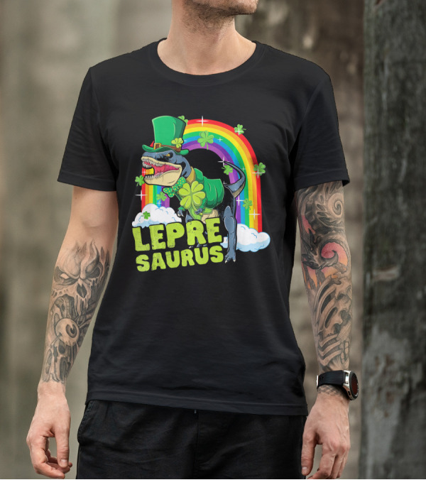Lepresaurus Dinosaur With Shamrocks And Rainbow St Patrick's Day T-Shirt