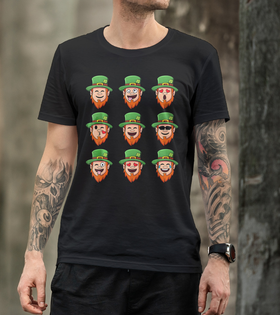 Leprechaun Emoji Faces With Various Expressions In Green Hat And Orange Beard T-Shirt