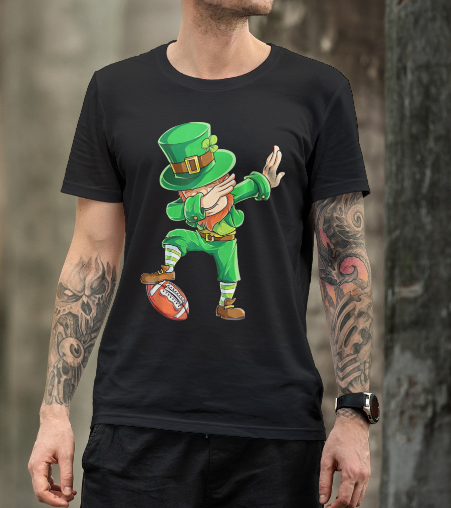 Leprechaun Dabbing On Football With Green Hat And Orange Beard T-Shirt