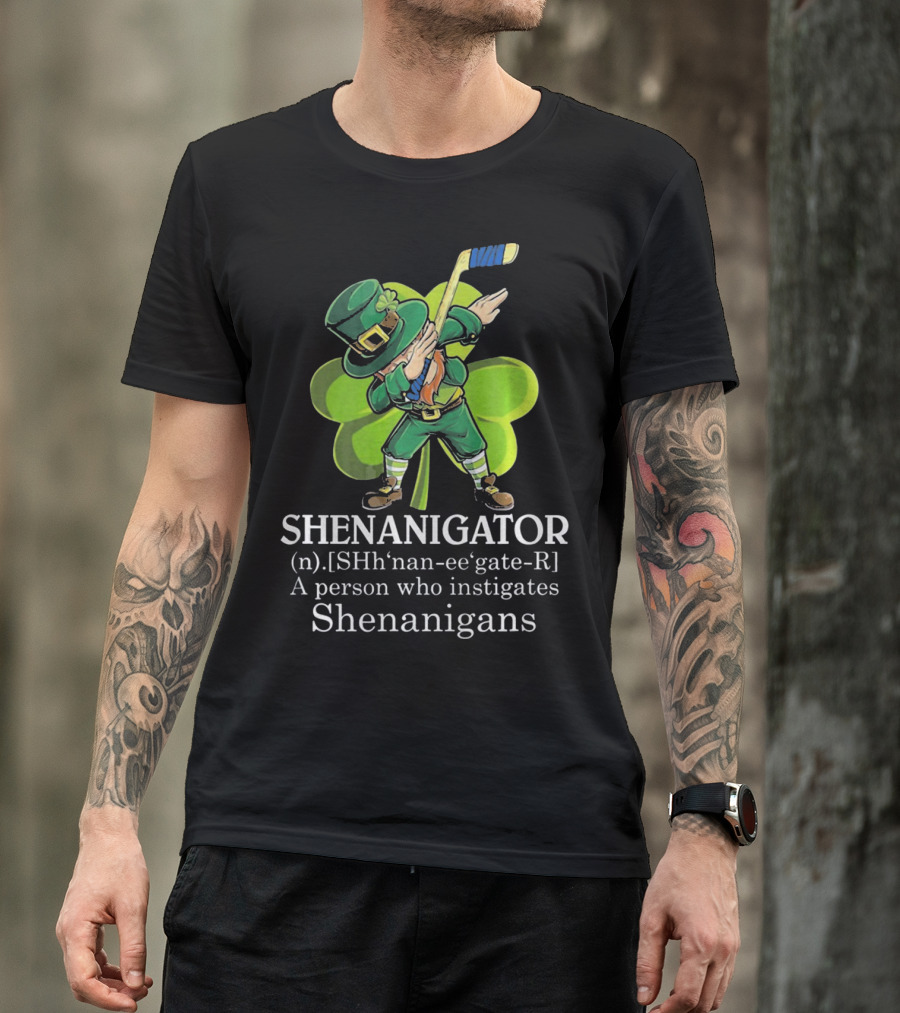 Shenanigator Dabbing Leprechaun Instigates Shenanigans Hockey Shamrock T-Shirt
