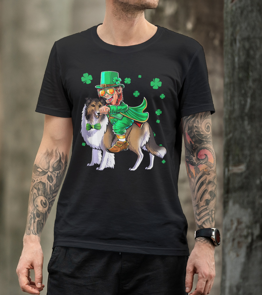Leprechaun Riding Collie With Shamrocks For St. Patrick's Day T-Shirt