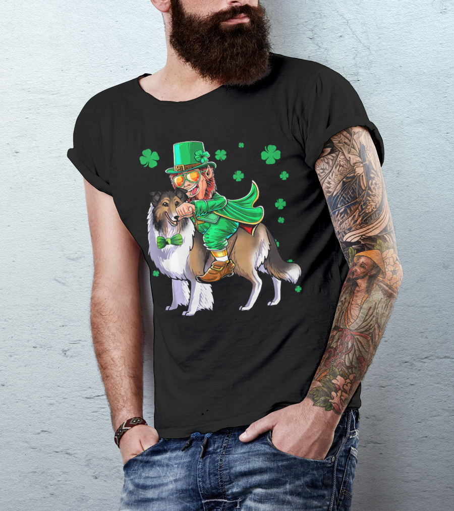 Leprechaun Riding Collie With Shamrocks For St. Patrick's Day T-Shirt