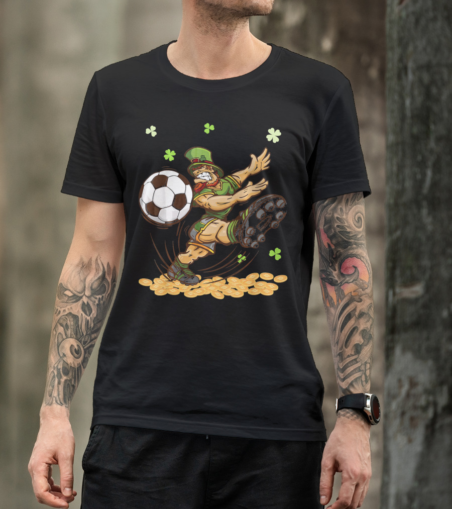 Leprechaun Playing Soccer Surrounded By Shamrocks And Gold Coins T-Shirt