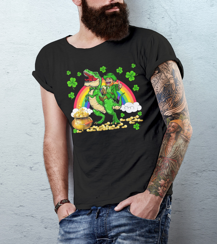 Leprechaun Riding Dinosaur With Rainbow And Pot Of Gold T-Shirt