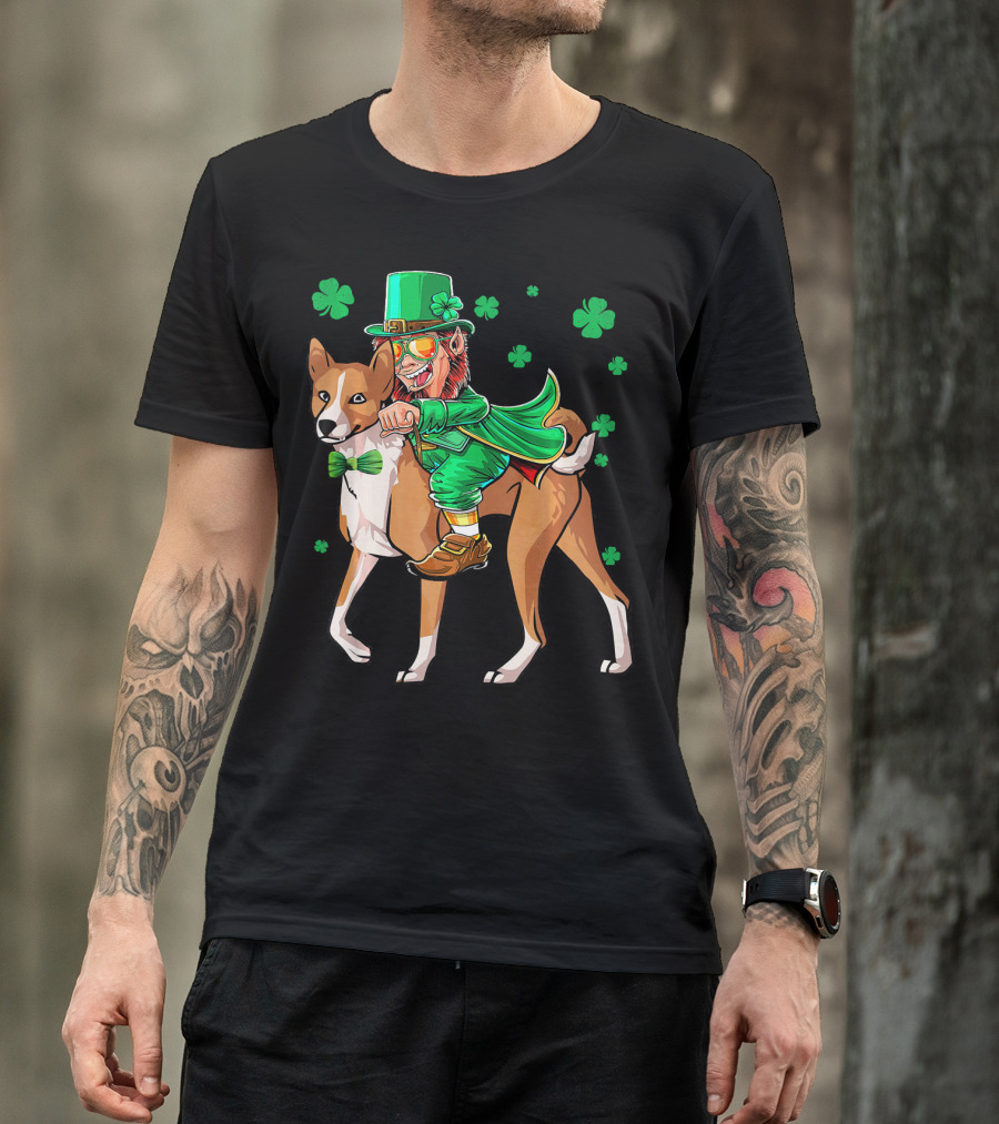 Leprechaun Riding Basenji With Shamrocks St Patricks T-Shirt