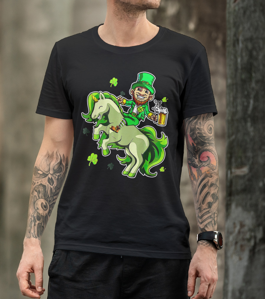 Leprechaun Riding A Green Unicorn Holding Beer With Shamrocks T-Shirt