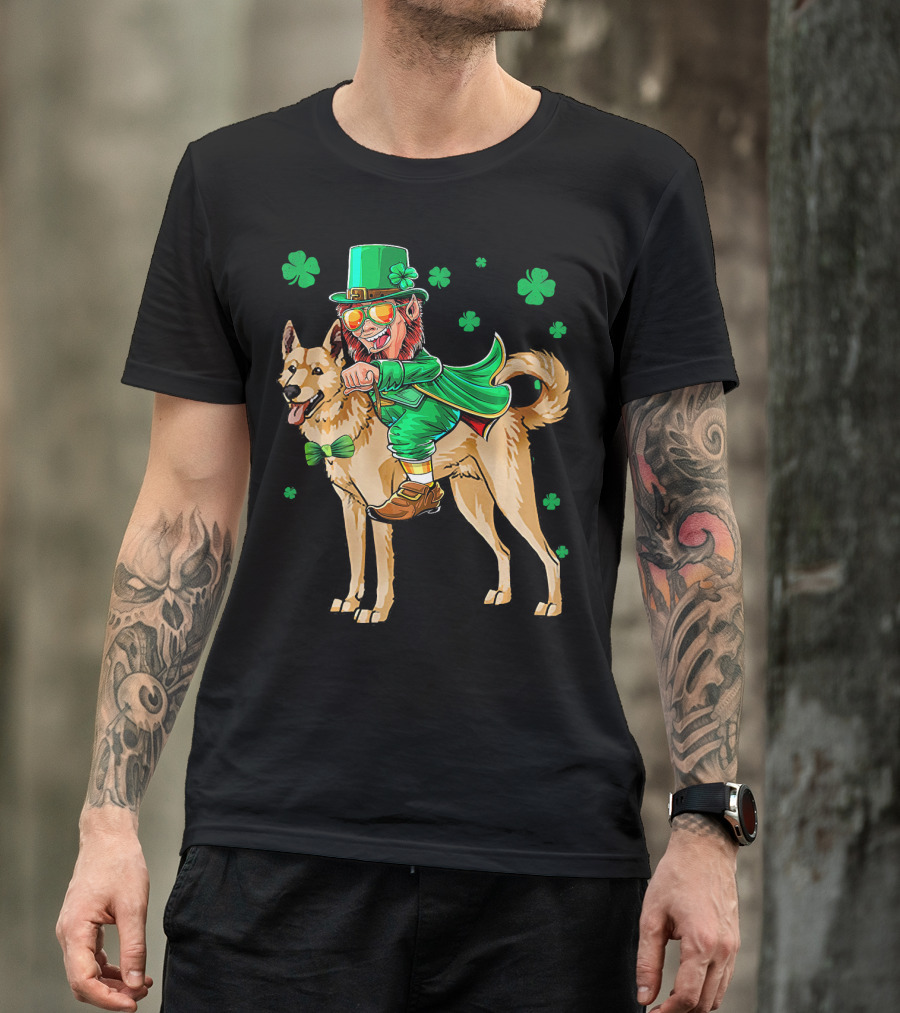 Leprechaun Riding Canaan Dog With Shamrock St. Patrick's Day T-Shirt