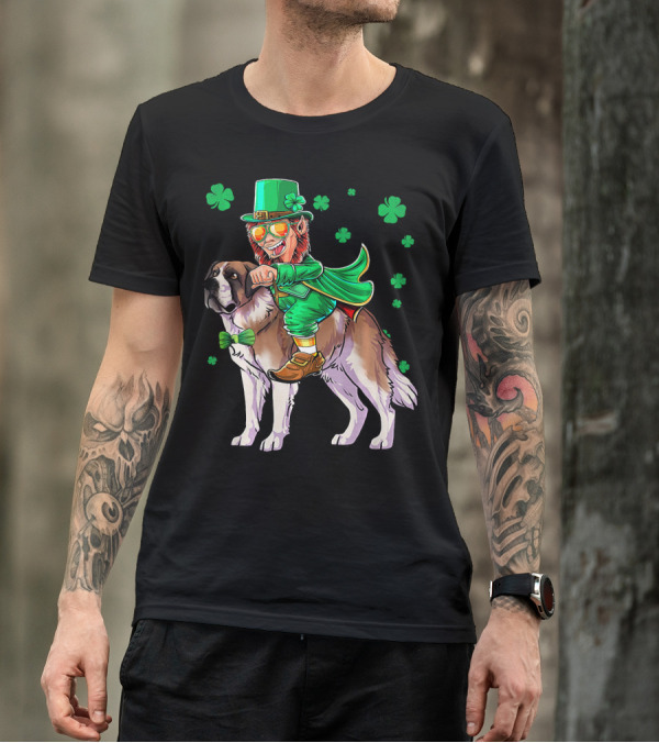 Leprechaun Riding Saint Bernard With Shamrocks T-Shirt