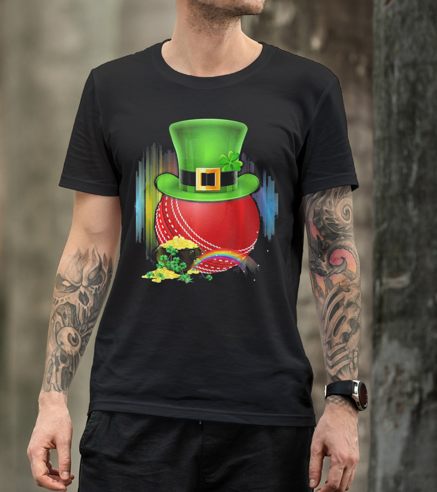Cricket Ball Leprechaun Hat Rainbow Coin Saint Patricks T-Shirt