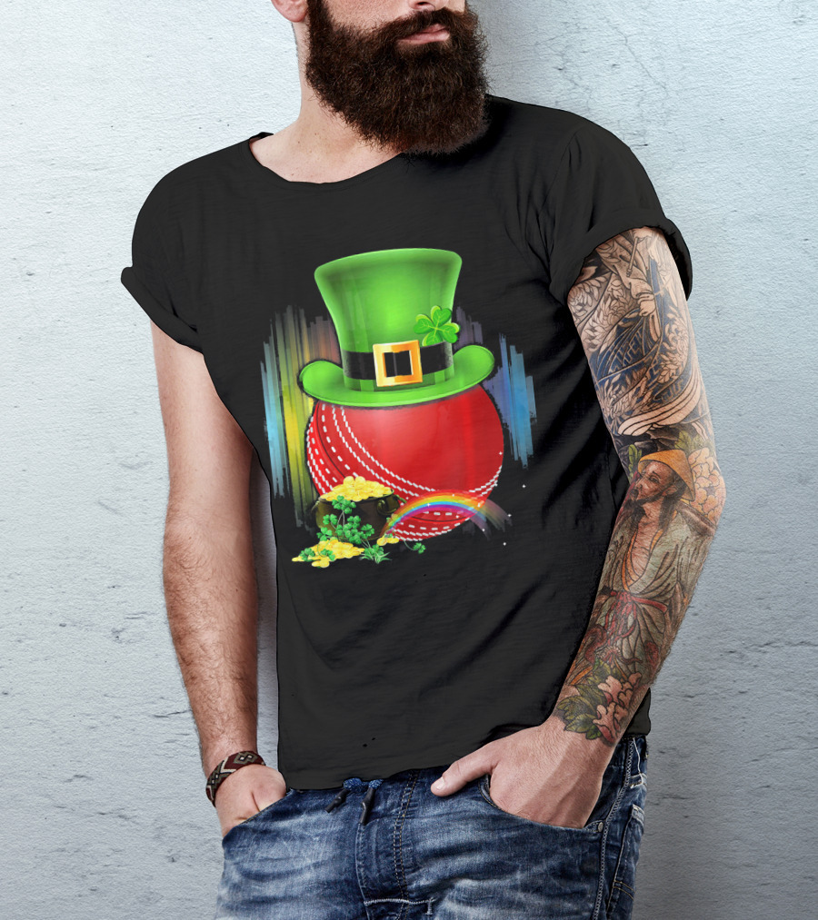 Cricket Ball Leprechaun Hat Rainbow Coin Saint Patricks T-Shirt