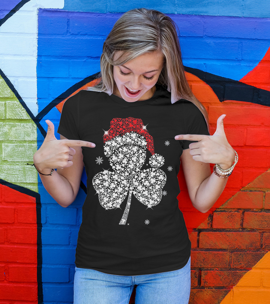 Shamrock With Santa Hat And Snowflakes T-Shirt