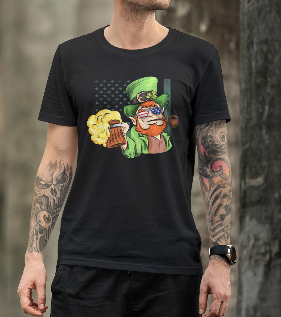 Funny Drunk Patriotic Leprechaun Beer Mug With Shamrock Hat And American Flag Sunglasses T-Shirt