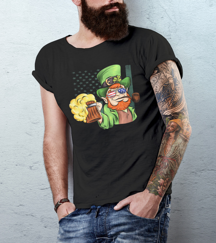 Funny Drunk Patriotic Leprechaun Beer Mug With Shamrock Hat And American Flag Sunglasses T-Shirt