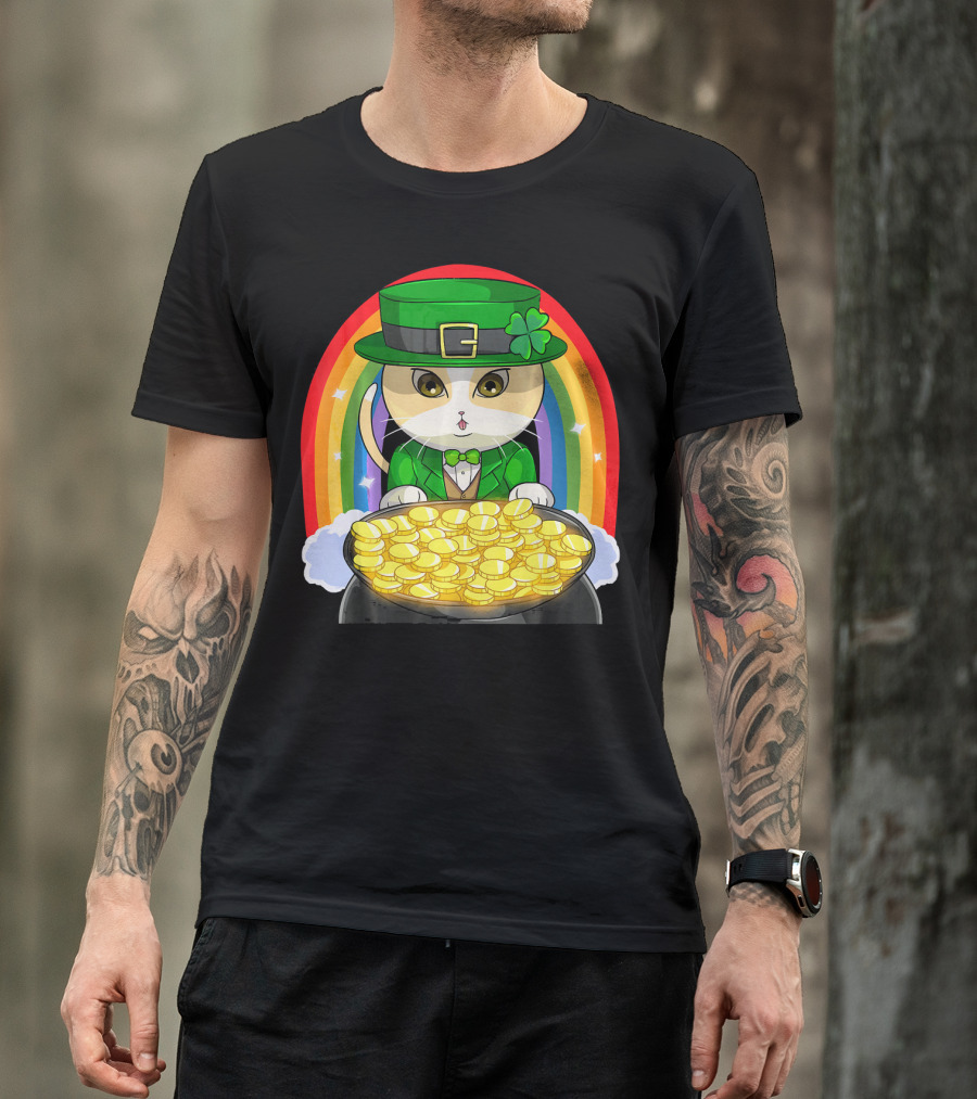 Exotic Cat Leprechaun Pot Of Gold Rainbow Happy St Patricks T-Shirt