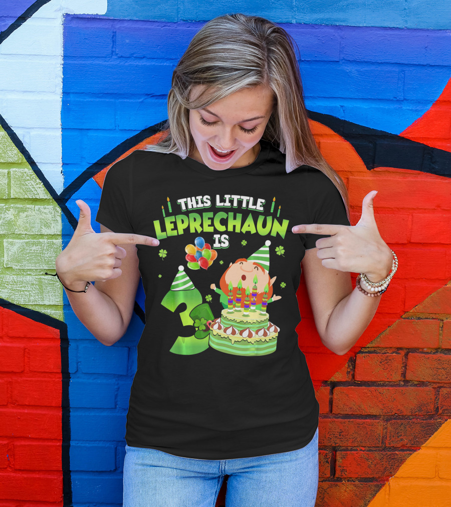 This Little Leprechaun Is 3 Birthday Celebration With Cake And Balloons T-Shirt